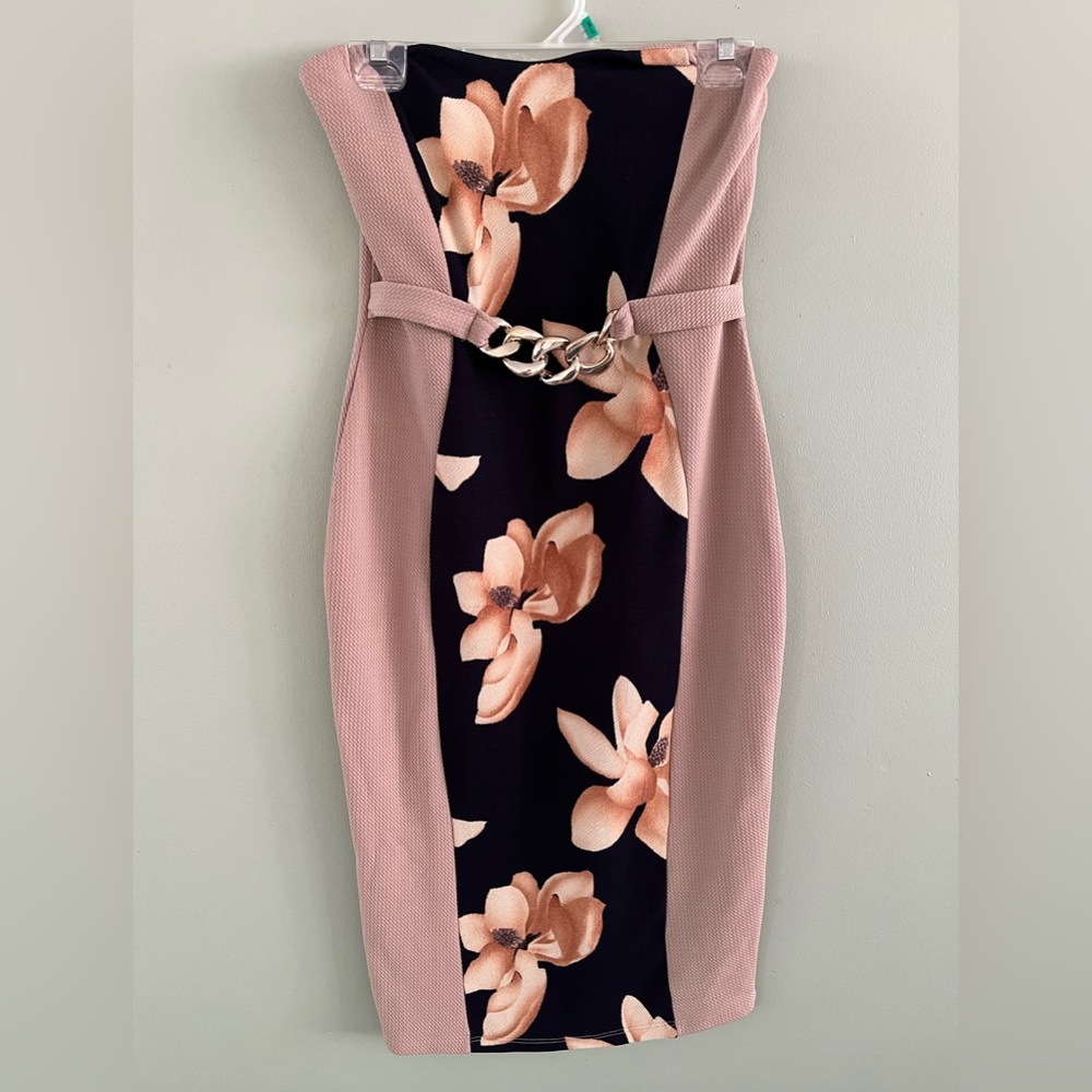 Beige & Navy floral fitted strapless dress